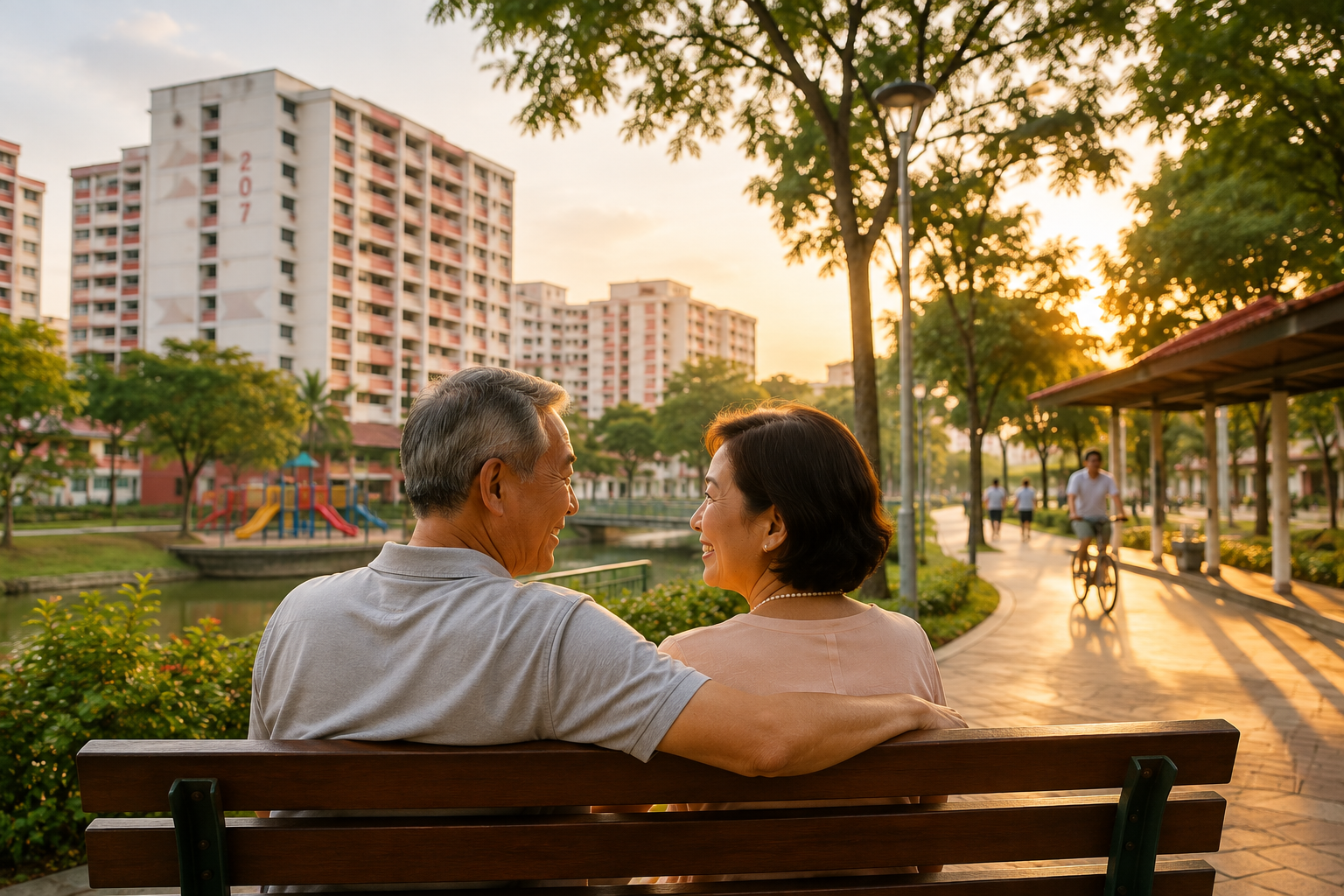 A couple looking out at Marina Bay Sands at sunset